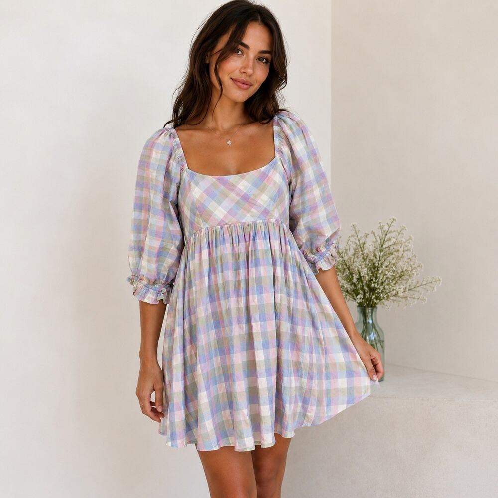 Impeccable Pig Pastel Plaid Babydoll Mini Dress Cottagecore Fairycore Size M